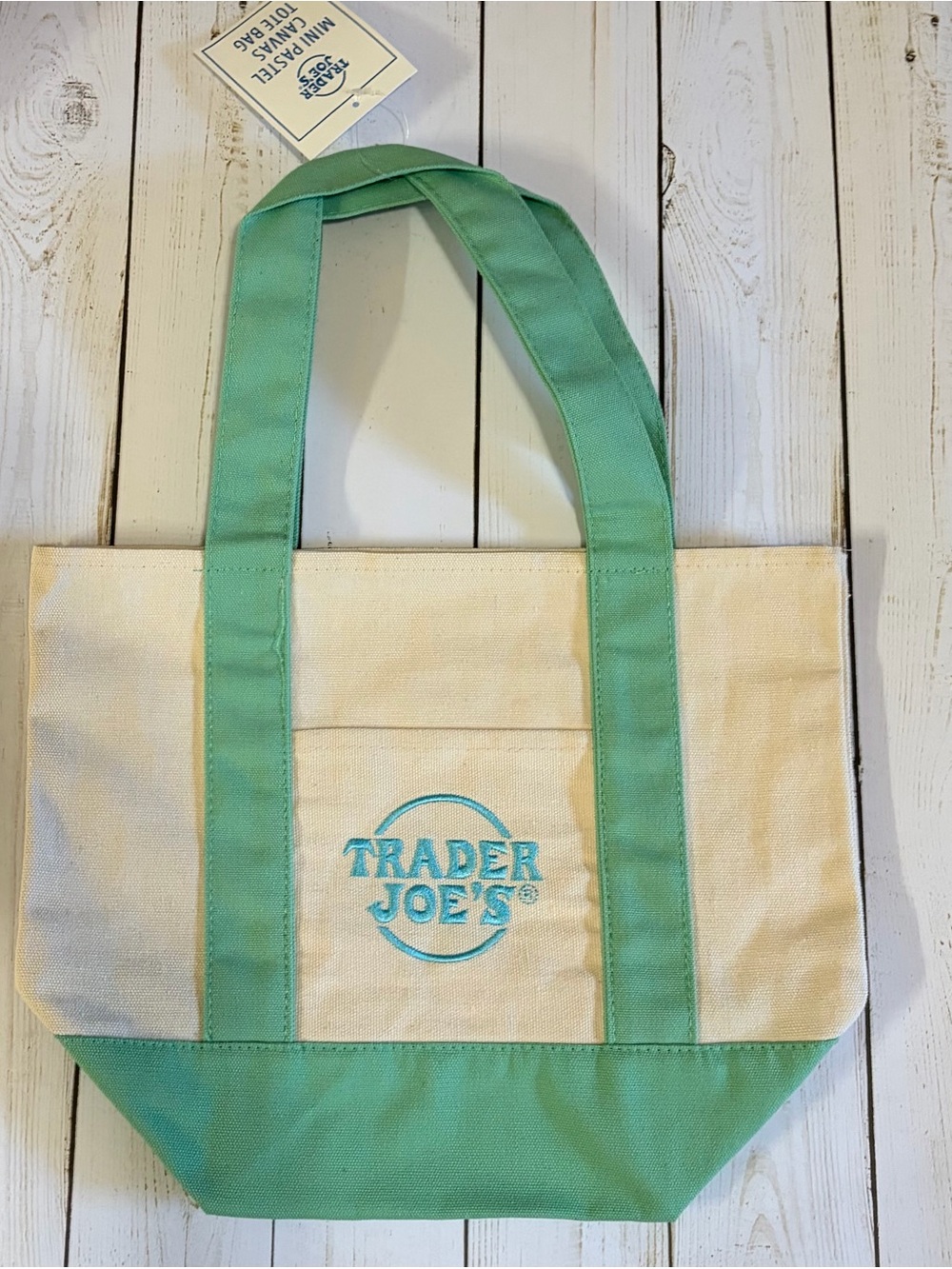 Trader Joe's Cream and Mint Green Canvas Tote Bag